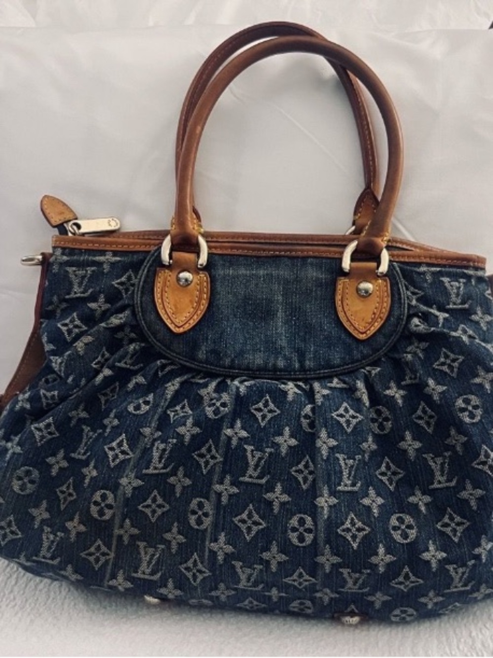Louis Vuitton Denim Monogram Satchel with Brown Leather Trim